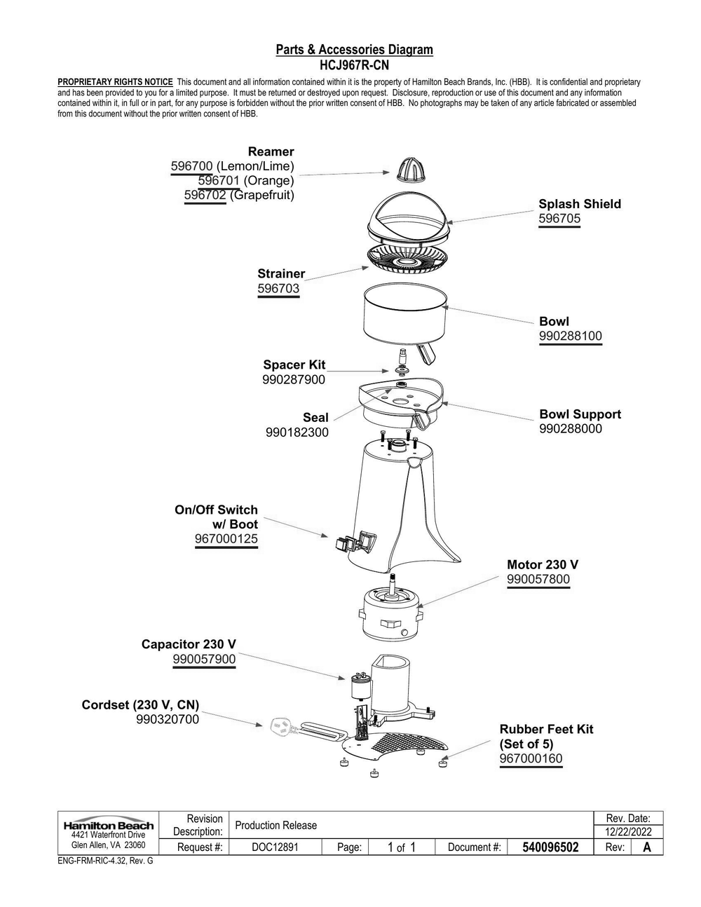Diagram Diagram and Parts List for HCJ967R-CN  Hamilton Beach Juicer